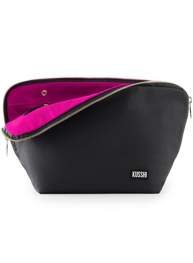 KUSSHI Washable Travel Makeup & Cosmetic Bag - Brush Organizer Sold Separately (Vacationer, Satin Black/Pink) - Image 1