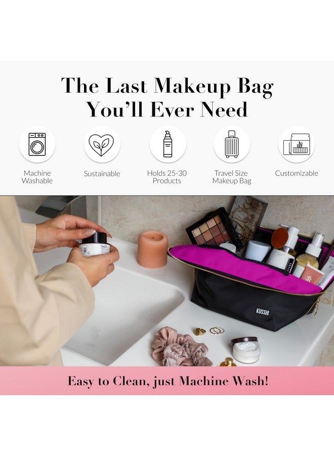 KUSSHI Washable Travel Makeup & Cosmetic Bag - Brush Organizer Sold Separately (Vacationer, Satin Black/Pink) - Image 2