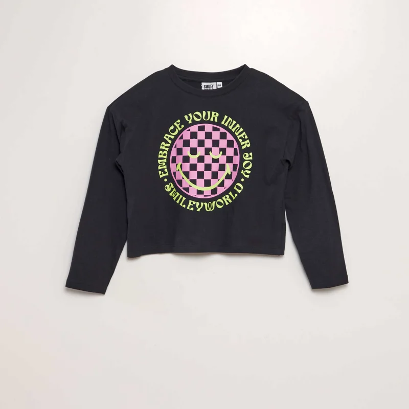 Kiabi Loose-Fit 'Smileyworld' Long-Sleeved T-Shirt Black