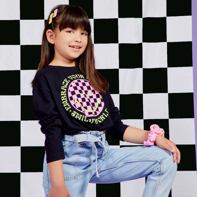 Kiabi Loose-Fit 'Smileyworld' Long-Sleeved T-Shirt Black