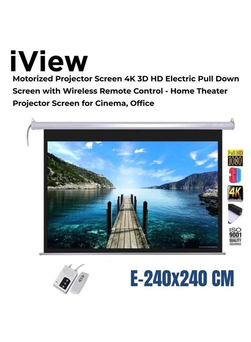 iView E240 240 × 240 cm Motorized Projection Screen – 120″ Diagonal, Silent Synchronous Motor, RF Remote + Detachable Wall Switch, Max White Matte (1.1‑gain, 160° view), Four‑Sided Black Masking, Ceiling/Wall Install