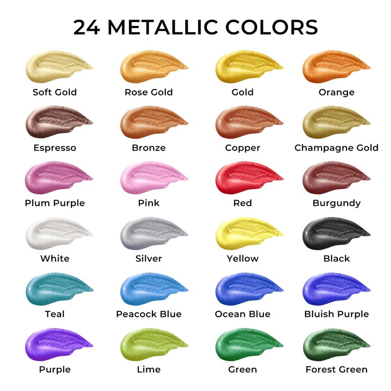 ARTME Metallic Acrylic Paint Set, 24 Metallic Colors in 2 oz/60ml Bottles, Metallic Shining Acrylic Paint, Rich Pigments Paint Perfect for Artists, Beginners on Canvas, Rocks, Wood, Fabric, Ceramic - Image 2
