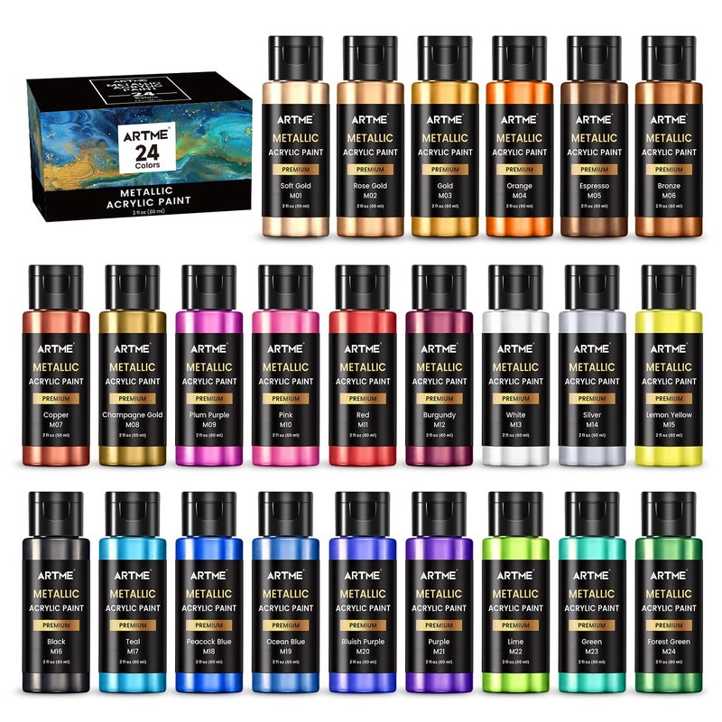 ARTME Metallic Acrylic Paint Set, 24 Metallic Colors in 2 oz/60ml Bottles, Metallic Shining Acrylic Paint, Rich Pigments Paint Perfect for Artists, Beginners on Canvas, Rocks, Wood, Fabric, Ceramic - Image 1