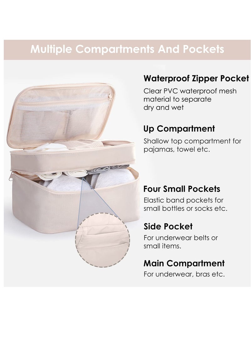 Excefore - Travel Underwear Organizer Bag, Bra Bag Double Layer Packing Cube Storage Bag Waterproof Lingerie Socks Bag Cosmetic Bag Toiletry Bag, Cream - Image 1