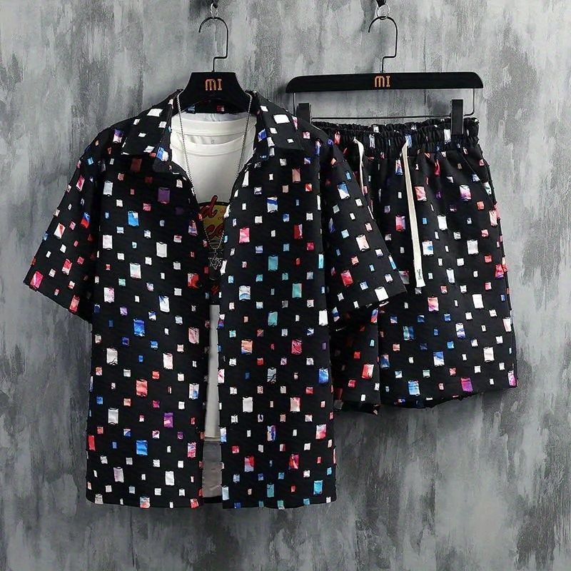 Fashion Personality Small Style Short Sleeve Shorts Shirt suit Boys Cool and Handsome Wear Summer Wear Rearing Plaid Clothes Black