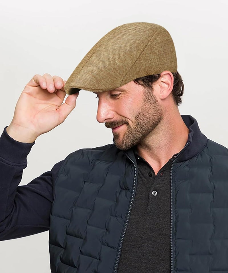 Xinveen 2 Pack Men's Newsboy Hat Imitation Linen Beret Ivy Cap Irish Cabbie Driving Hunting Hats Gray/Dark Khaki - Image 3