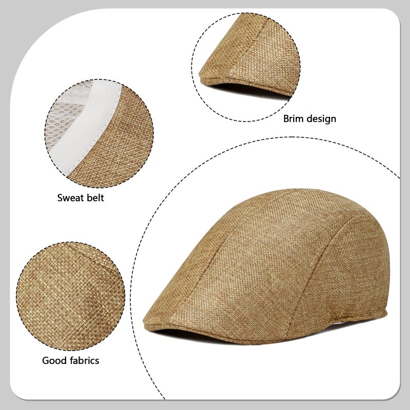 Xinveen 2 Pack Men's Newsboy Hat Imitation Linen Beret Ivy Cap Irish Cabbie Driving Hunting Hats Gray/Dark Khaki - Image 4