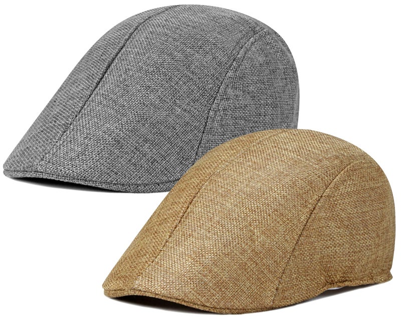 Xinveen 2 Pack Men's Newsboy Hat Imitation Linen Beret Ivy Cap Irish Cabbie Driving Hunting Hats Gray/Dark Khaki - Image 1