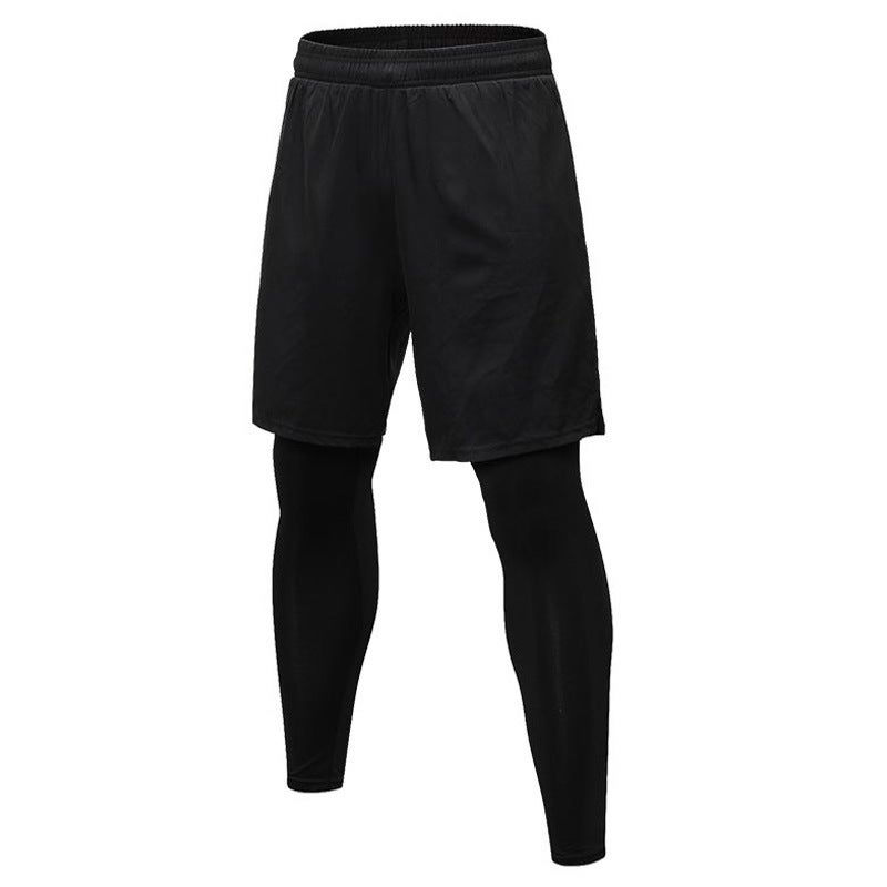 Mens Tight-Fit Faux Layered Gym Running Training Casual Quick-Dry Trousers Black 