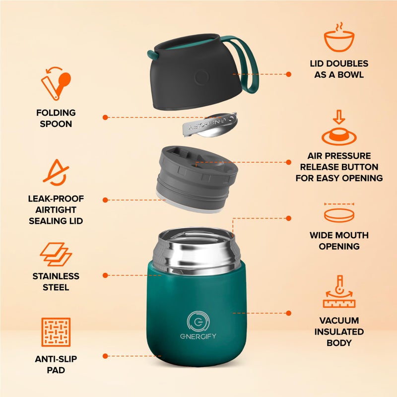 ENERGIFY Vacuum Insulated Food Jar Wide Mouth 17 Oz Soup Thermo with Folding Spoon - Thermal Lunch Containers for Kids & Adults - Leak Proof Stainless Steel Thermos for Hot Food Keep 12H and Cold 24 - Image 2