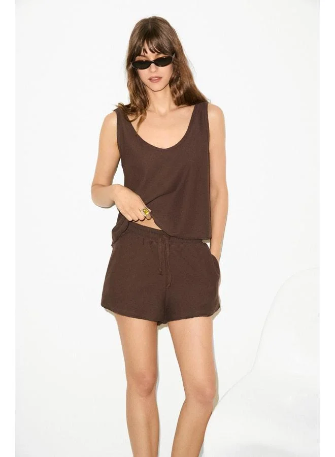 Ethiquet  PETUNYAL Women's U‑Neck Tank Top and Drawstring Pocket Short Shorts in Dark Coffee – Set. for Women | Best Price UAE