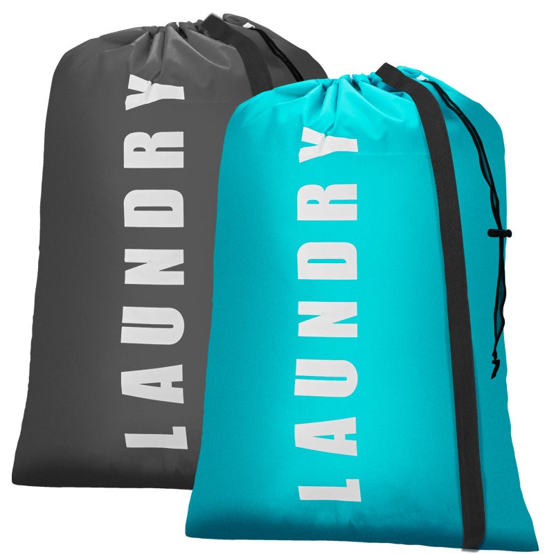 Isink Heavy Duty Laundry Bag with Strap,2 Pack Travel Laundry Bags for Dirty Clothes,24" x 36" Large Laundry Bag for Traveling,Camping,Dorm (Cyan + Gray) - Image 1