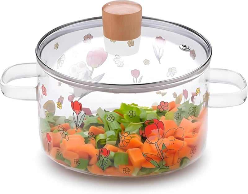 Multifunctional Cookware - 2L Borosilicate Glass Saucepan with Lid & Handle, Suitable for Induction & Microwave, Handi for Delicious Meals, Featuring Beautiful Flower Print