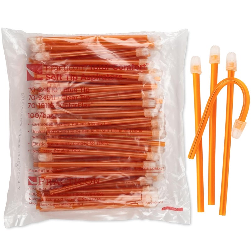 Practicon Orange Total Comfort Colorflex Disposable Saliva Ejectors, with Cushioned Flexible Tip, Soft Tip Aspirators, Dental Evacuation Suction Tips, 100 Pack - Image 1