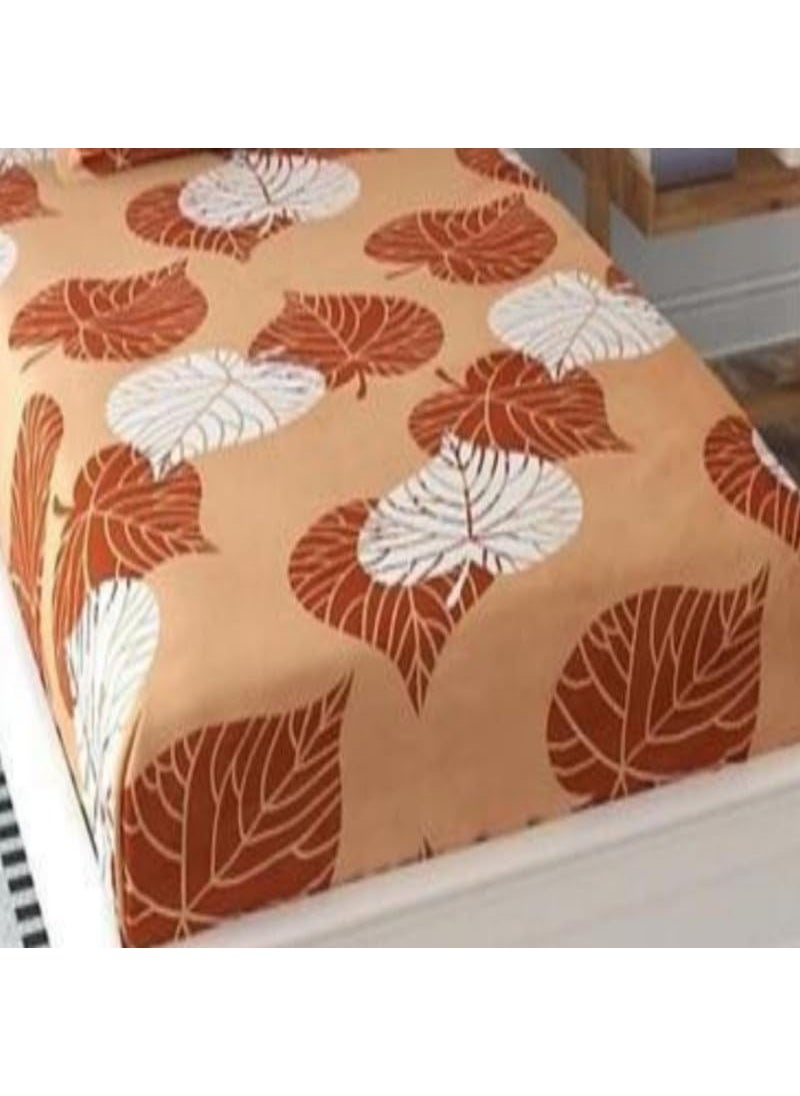 Delight Zone Delight Zone Prime Collection 160 TC Glace Cotton Supersoft Single Bedsheet with 1 Matching Pillow Cover Multicolour Size 60 x 90 Inch Coffee with White Leaves Gold Single  - Image 2