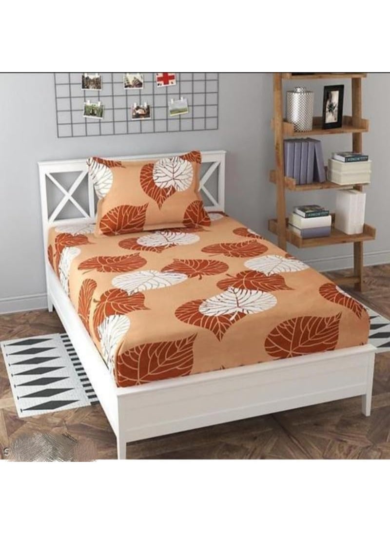 Delight Zone Delight Zone Prime Collection 160 TC Glace Cotton Supersoft Single Bedsheet with 1 Matching Pillow Cover Multicolour Size 60 x 90 Inch Coffee with White Leaves Gold Single  - Image 1