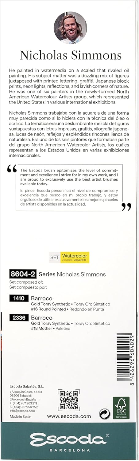Escoda Signature Collection Nicholas Simmons Artist Watercolor Brush Set 2 Barroco Round  Mottler Size 16 18 - Image 2