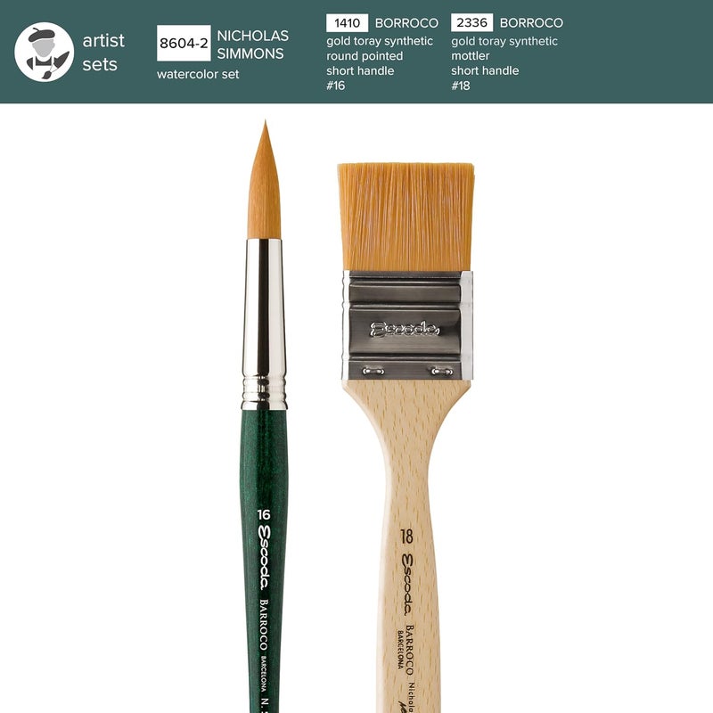Escoda Signature Collection Nicholas Simmons Artist Watercolor Brush Set 2 Barroco Round  Mottler Size 16 18 - Image 3