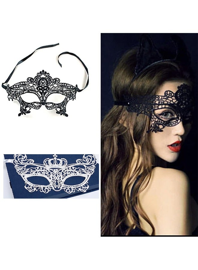 Lace Eye Mask - 2pcs Masquerade Masks Mysterious Face Venetian Eyemask for Carnival Party Costume Ball - Black and White - Image 1
