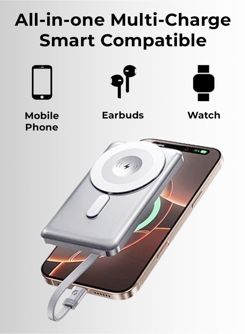 جلاسولوجي 10000mAh Magnetic Wireless Power Bank with Built in iPhone Compatible & Type C Cables 20W PD Fast Charging 4 Outputs Zinc Alloy Kickstand Magsafe Compatible for IOS & Android - Image 3