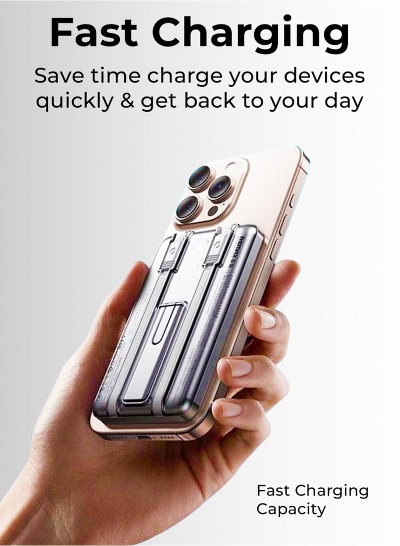 جلاسولوجي 10000mAh Magnetic Wireless Power Bank with Built in iPhone Compatible & Type C Cables 20W PD Fast Charging 4 Outputs Zinc Alloy Kickstand Magsafe Compatible for IOS & Android - Image 4