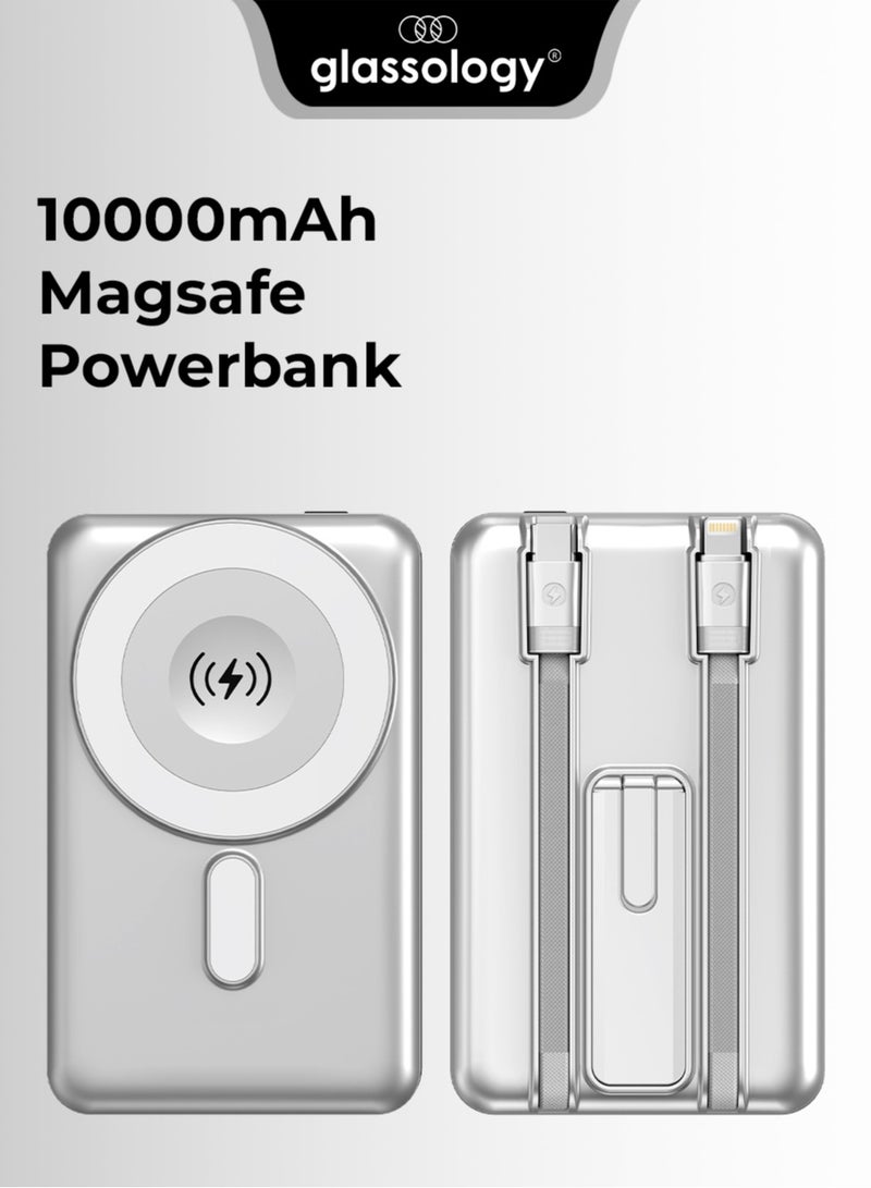 جلاسولوجي 10000mAh Magnetic Wireless Power Bank with Built in iPhone Compatible & Type C Cables 20W PD Fast Charging 4 Outputs Zinc Alloy Kickstand Magsafe Compatible for IOS & Android - Image 1