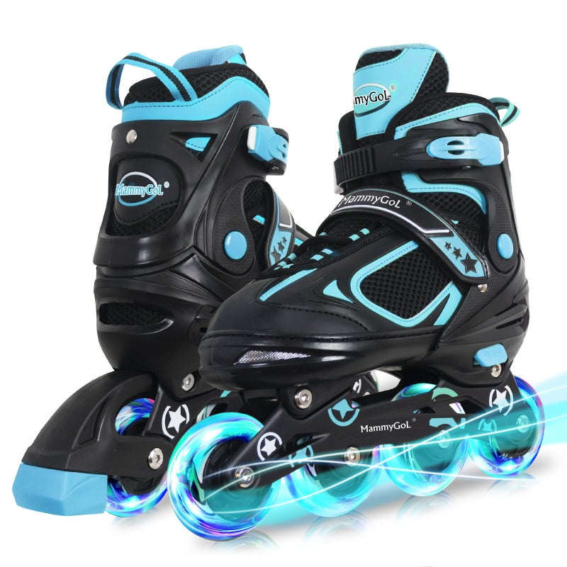 MammyGol Adjustable Inline Skates for Boys Girls Kids Youth with Light up Wheels, Teal Beginner Blades Roller Skates for Boys Size 5 6 7 8 Ages 6-12 - Image 1