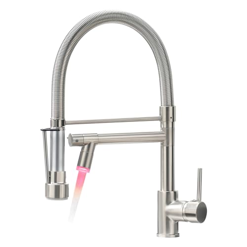 Fapully Kitchen Faucets with Pull Down SprayerCommercial Single Handle Kitchen Sink Faucet with LED LightBrushed Nickel