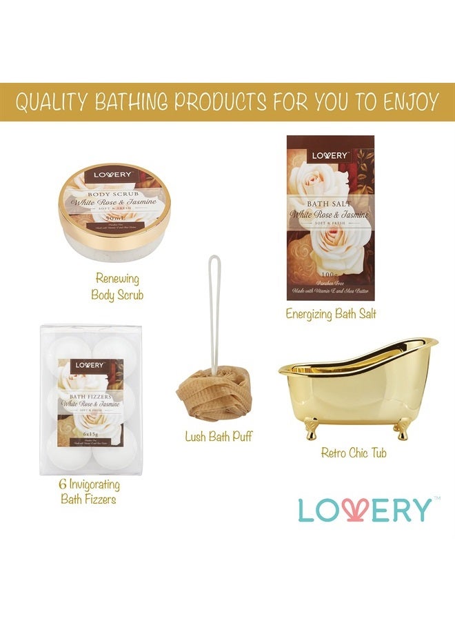 Home Spa Gift Basket, Luxury 13 Piece Bath & Body Set For Men & Women, White Rose & Jasmine Scent - Shower Gel, Bubble Bath, Body Scrub, Salts, 6 Bath Bombs, Pouf, Cosmetic Bag & Gold Tub