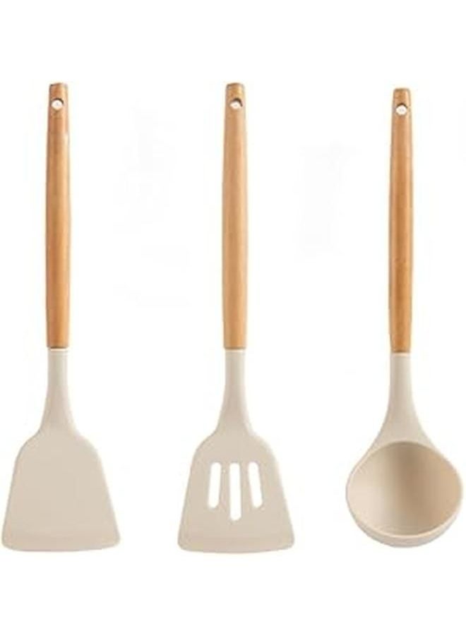 Generic - Silicone Spatula Set for Kitchen Ideal for Non-Stick Cooking Pans Spatulas with Wooden Handle Spatula Turner Serving Cooking Spoon Spatula Combs for Omelet Egg Dosa chapati (Cream) - Image 1