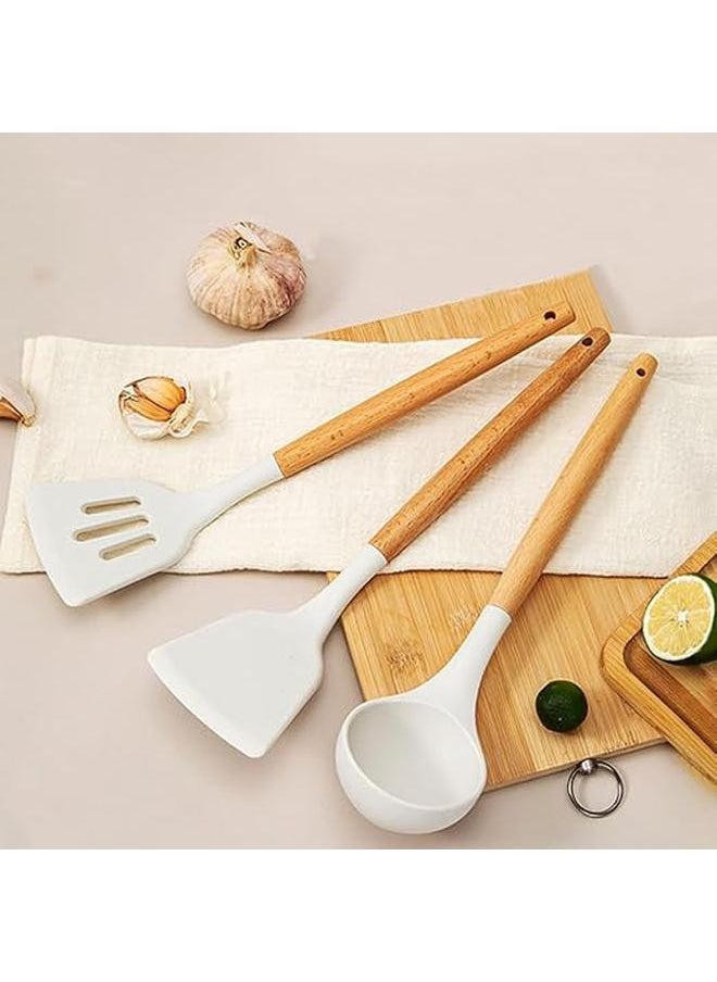 Generic - Silicone Spatula Set for Kitchen Ideal for Non-Stick Cooking Pans Spatulas with Wooden Handle Spatula Turner Serving Cooking Spoon Spatula Combs for Omelet Egg Dosa chapati (Cream) - Image 1