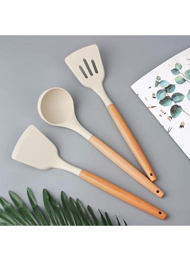 Generic - Silicone Spatula Set for Kitchen Ideal for Non-Stick Cooking Pans Spatulas with Wooden Handle Spatula Turner Serving Cooking Spoon Spatula Combs for Omelet Egg Dosa chapati (Cream) - Image 1