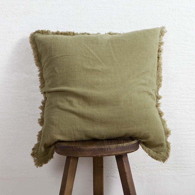 FRINGED CUSHION COVER 20 X 20 SOFT LINEN DECORATIVE THROW PILLOW COVER FOR COUCH SOFA BED AND OUTDOOR OLIVE PILLOW COVER