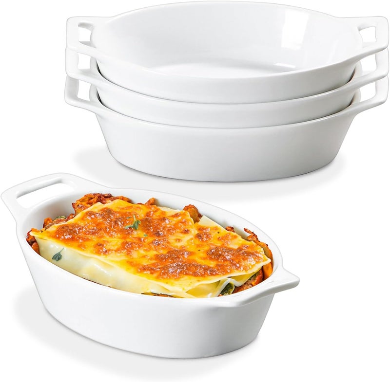 ONEMORE Oval Au Gratin Baking Dish 20 oz Small Casserole Dishes with Handles 6x8 Ceramic Baking Pan for 12 People Oven Safe for Lasagna Pies Individual Servings  Side Dishes Set of 4 White - Image 1