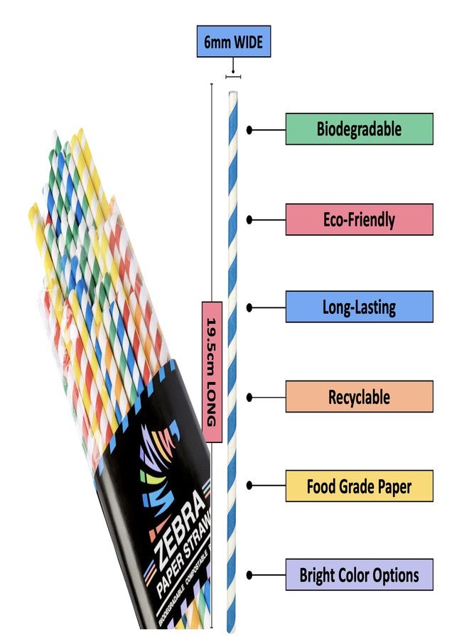 ZEBRA Paper Straws - Biodegradable Premium Drinking Straws | 100 Straws (6mm Wide) | Assorted Coloured Stripes | Best for Juice, Soft Drinks and Cocktails | (6MM, Stripes) - Image 2