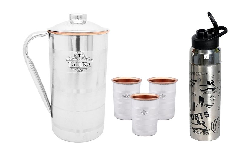 Taluka Stainless Steel Copper Jug 2000 ML for Drinking Water with 1 Steel Bottle and 3 Steel Copper Glass 350 ML Water Storage - Image 1