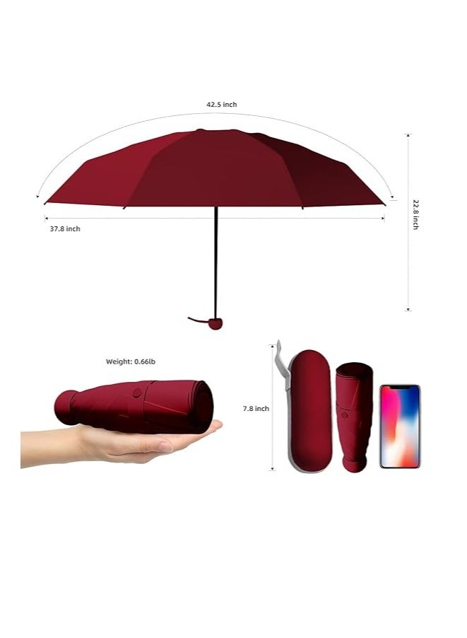 Meetion مظلة سفر ميني قابلة للطي مع حقيبة، 8 قضبان خفيفة الوزن محمولة، مظلة جيب صغيرة للشمس والمطر للرجال والنساء (1 قطعة، مارون) - Image 2