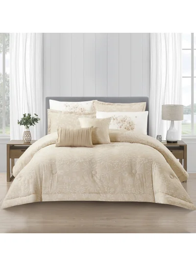 Donetella Bedding Comforter Set 5-Pcs Single Size Solid Yarn Dyed Bed Set Fits (120 x 200 Cm) All Season 350GSM Feather Silk Fill,Beige