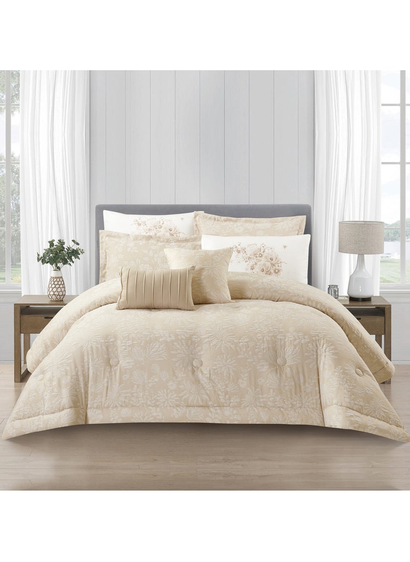 Donetella - Bedding Comforter Set 5-Pcs Single Size Solid Yarn Dyed Bed Set Fits (120 x 200 Cm) All Season 350GSM Feather Silk Fill,Beige - Image 1