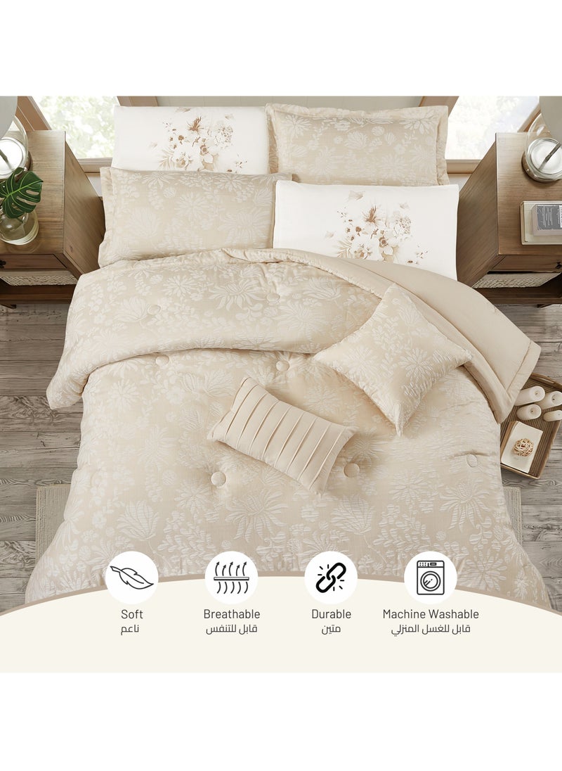 Donetella - Bedding Comforter Set 5-Pcs Single Size Solid Yarn Dyed Bed Set Fits (120 x 200 Cm) All Season 350GSM Feather Silk Fill,Beige - Image 1