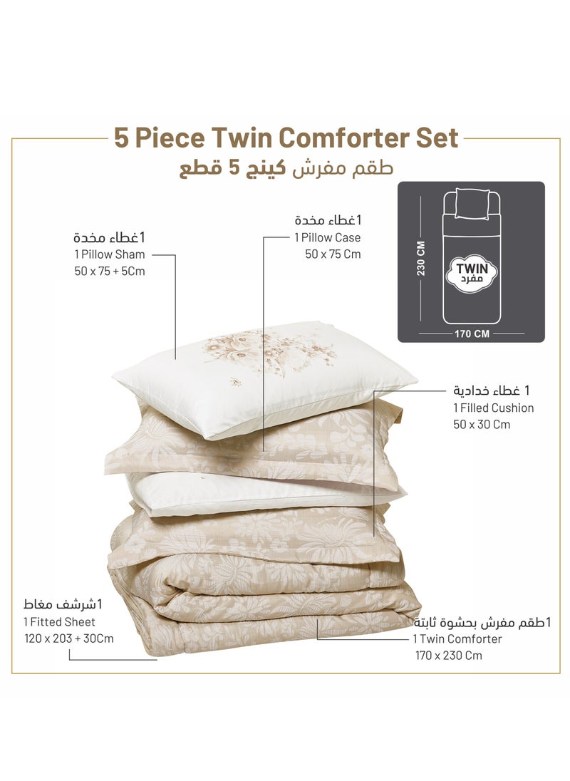 Donetella - Bedding Comforter Set 5-Pcs Single Size Solid Yarn Dyed Bed Set Fits (120 x 200 Cm) All Season 350GSM Feather Silk Fill,Beige - Image 1
