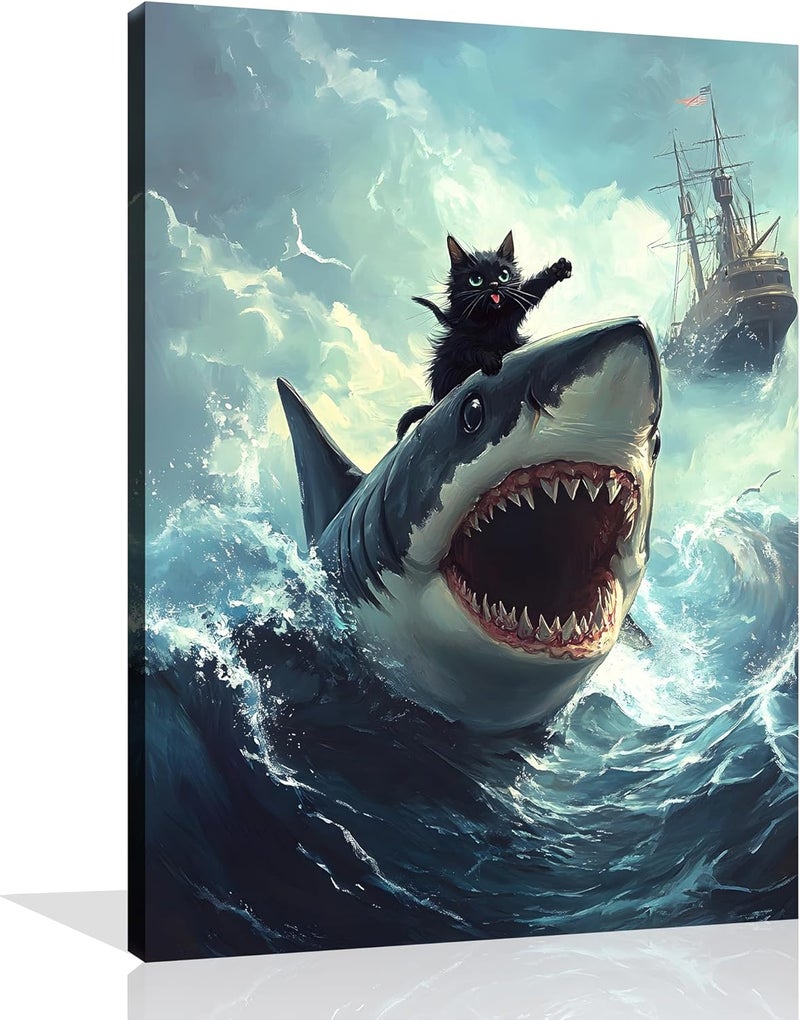 OWNANRTHM Funny Black Cat Riding Shark Canvas Wall Art - Image 1