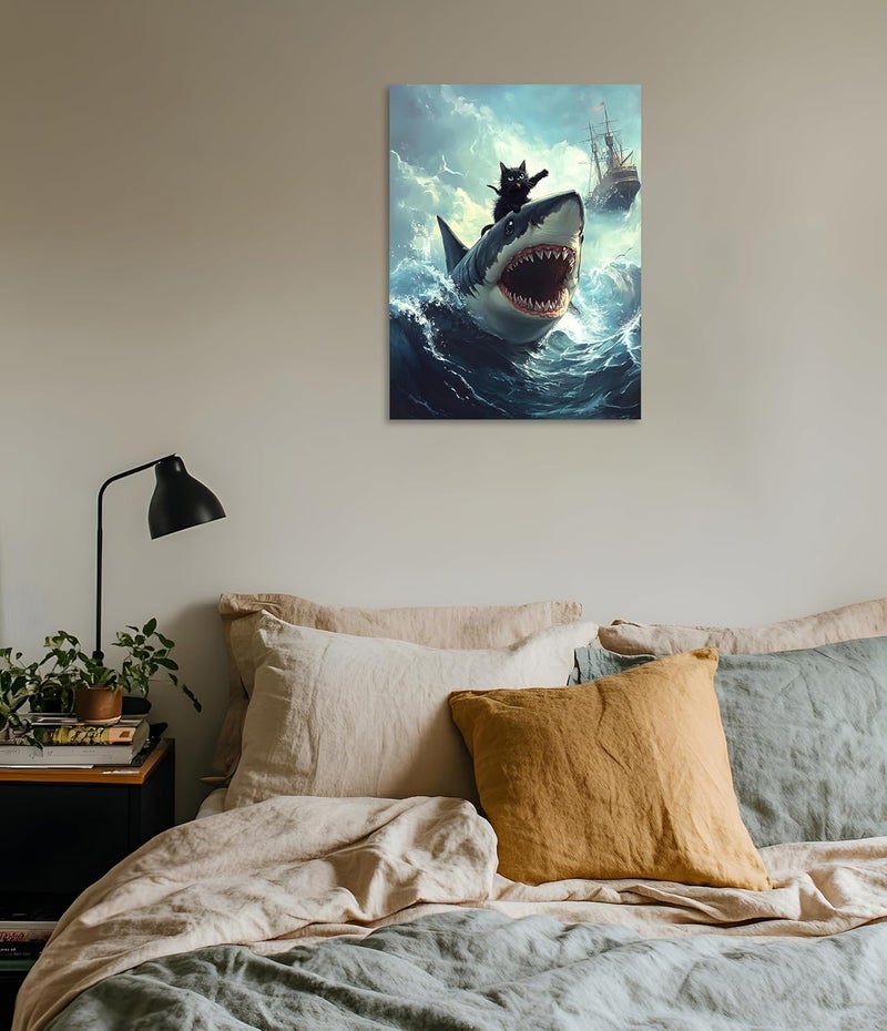 OWNANRTHM Funny Black Cat Riding Shark Canvas Wall Art - Image 5