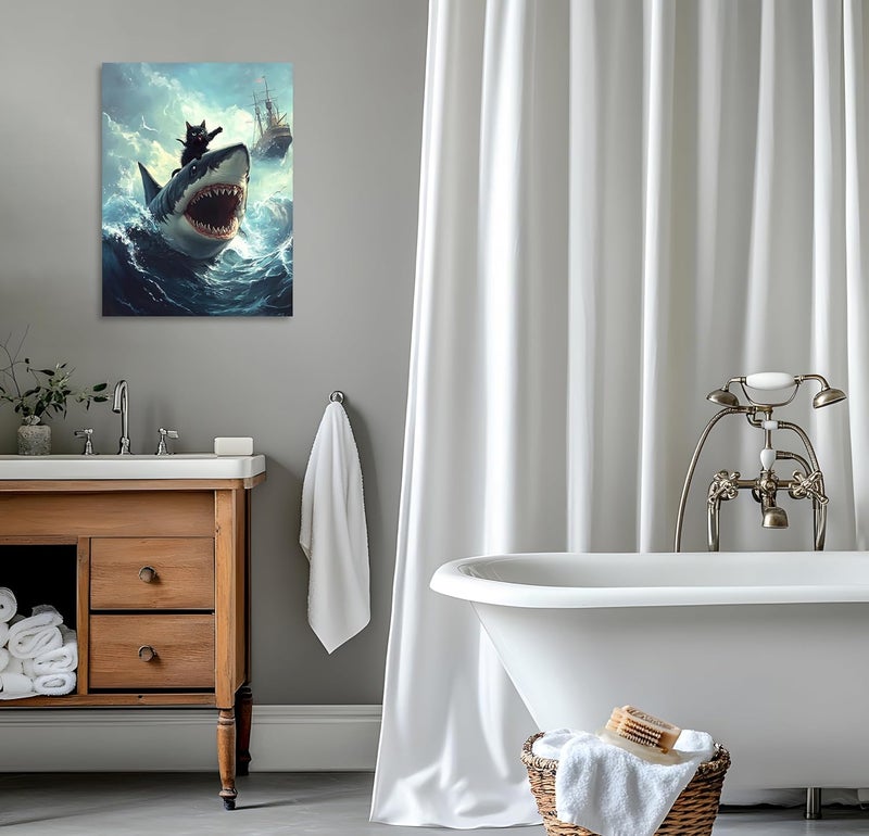 OWNANRTHM Funny Black Cat Riding Shark Canvas Wall Art - Image 3