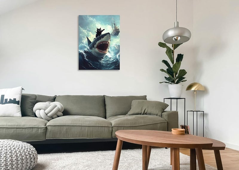 OWNANRTHM Funny Black Cat Riding Shark Canvas Wall Art - Image 4