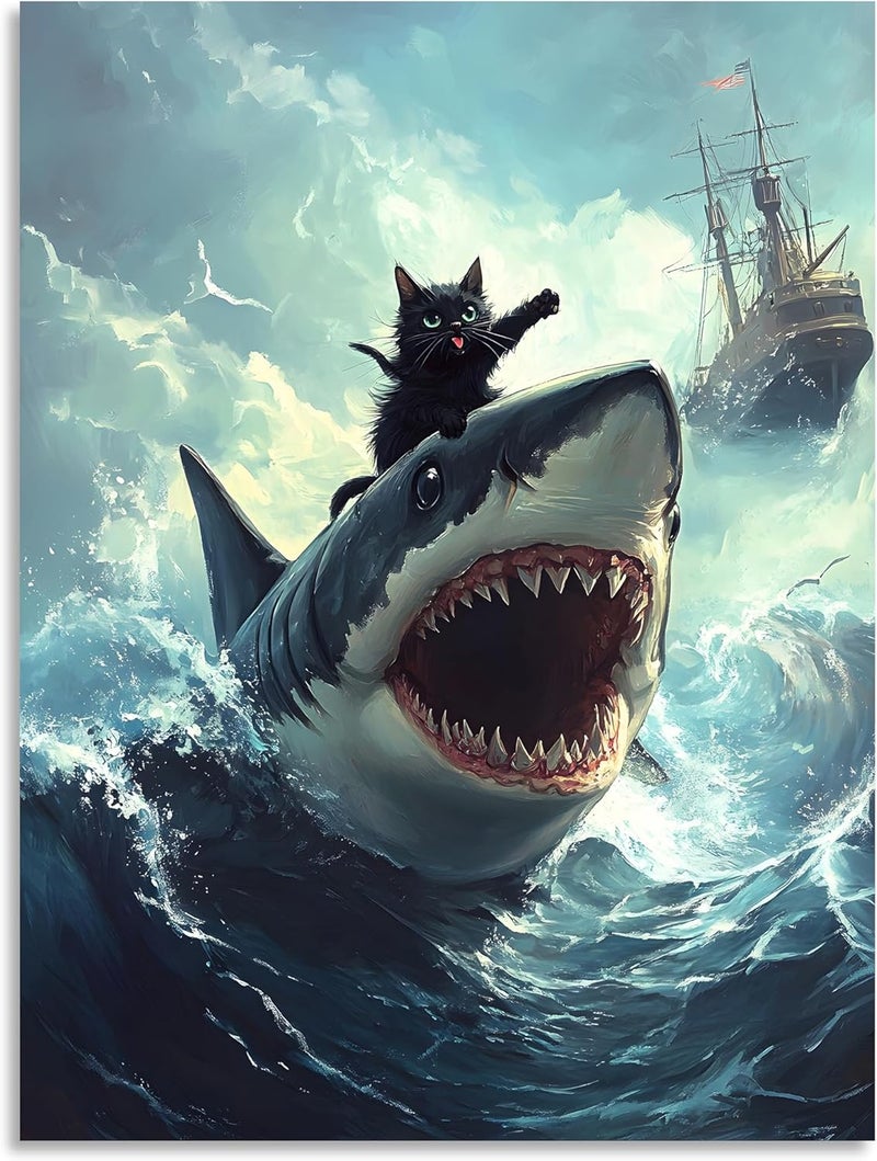 OWNANRTHM Funny Black Cat Riding Shark Canvas Wall Art - Image 2
