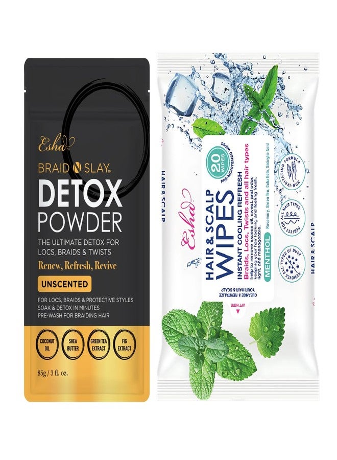 إشا مجموعة إيشا للتخلص من السموم - مناديل للشعر وفروة الرأس + بودرة ديتوكس غير معطرة - تنظيف فروة الرأس والعناية بالتراكمات للشعر المضفر، والشعر المستعار، ووصلات الشعر، والتسريحات الواقية - Image 1