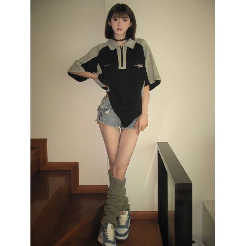 American Style Retro Short-Sleeved T-Shirt Men'S And Women'S Contrast Color Stitching Academy Style Half-Sleeved Oversize Couple Top - Image 3