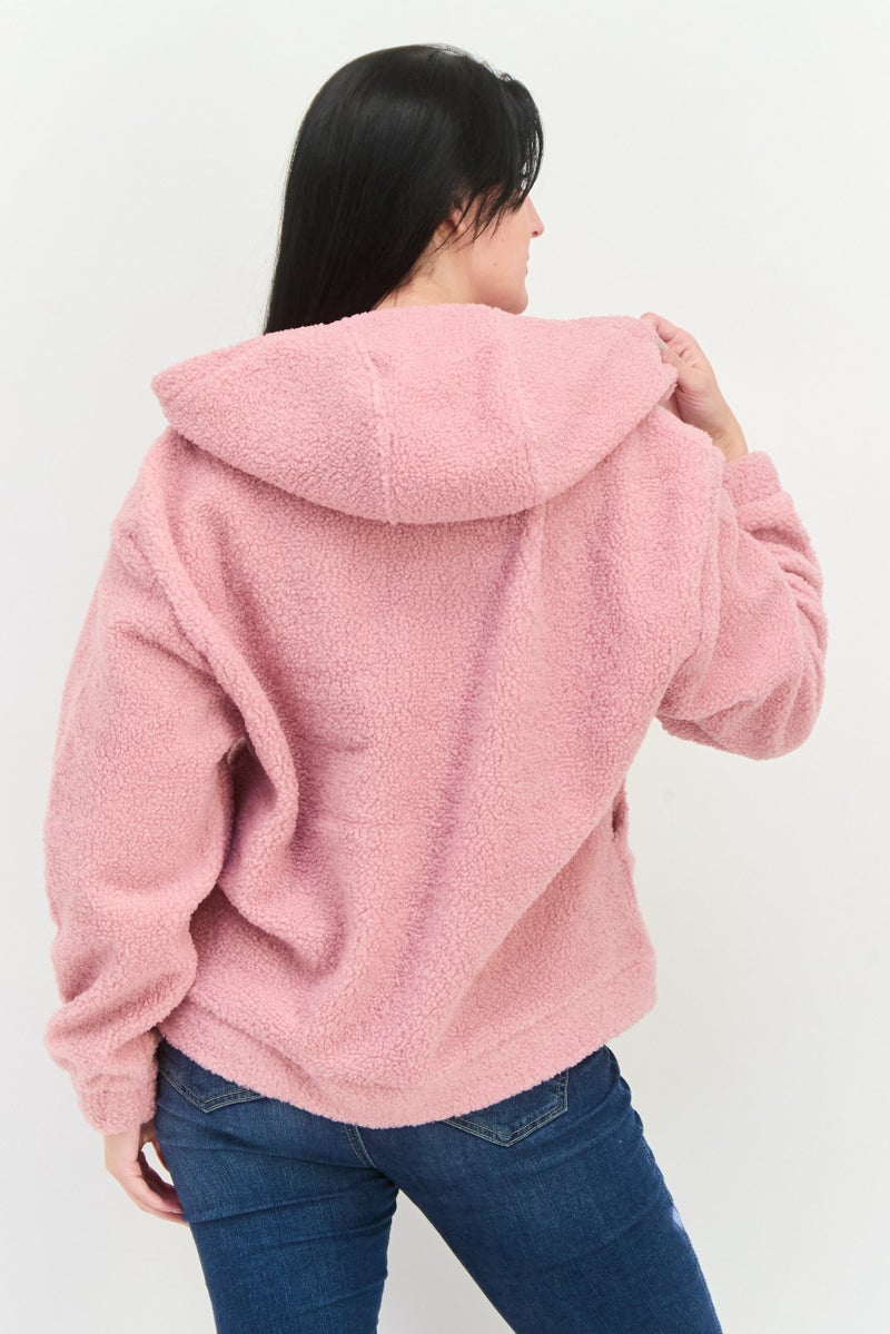 Hype Women Full Zipper Textured Long Sleeve Sweatshirt, Pink - Image 3