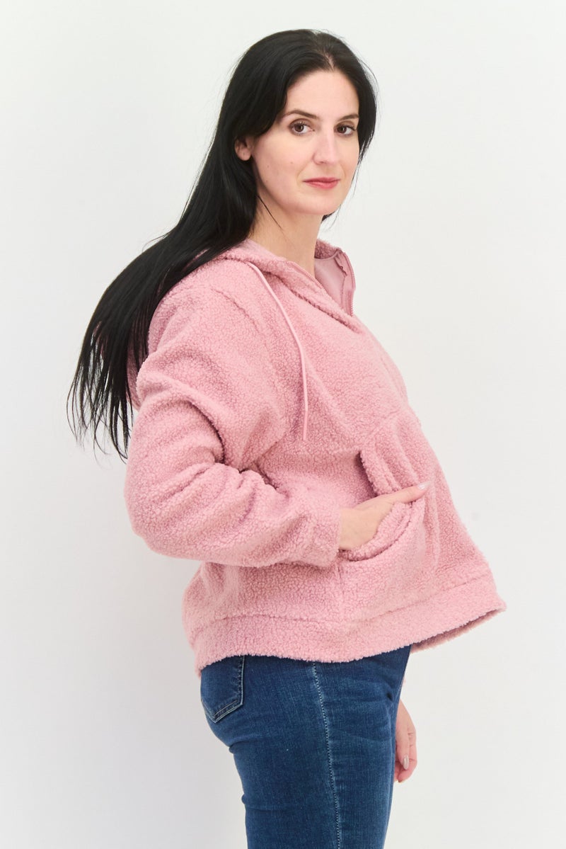 Hype Women Full Zipper Textured Long Sleeve Sweatshirt, Pink - Image 2